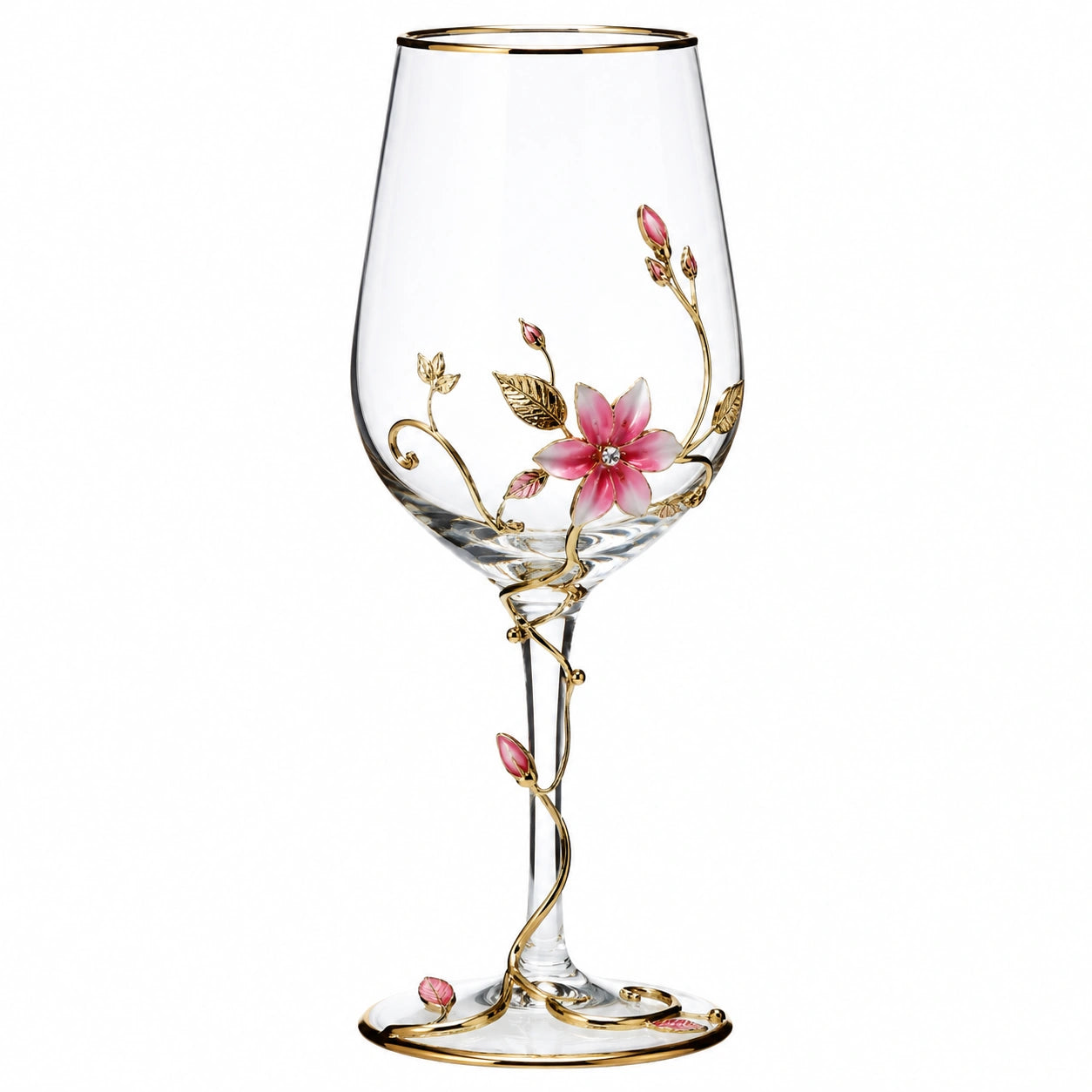 Calice da vino 450 ml in vetro trasparente con decorazione floreale rosa e oro
