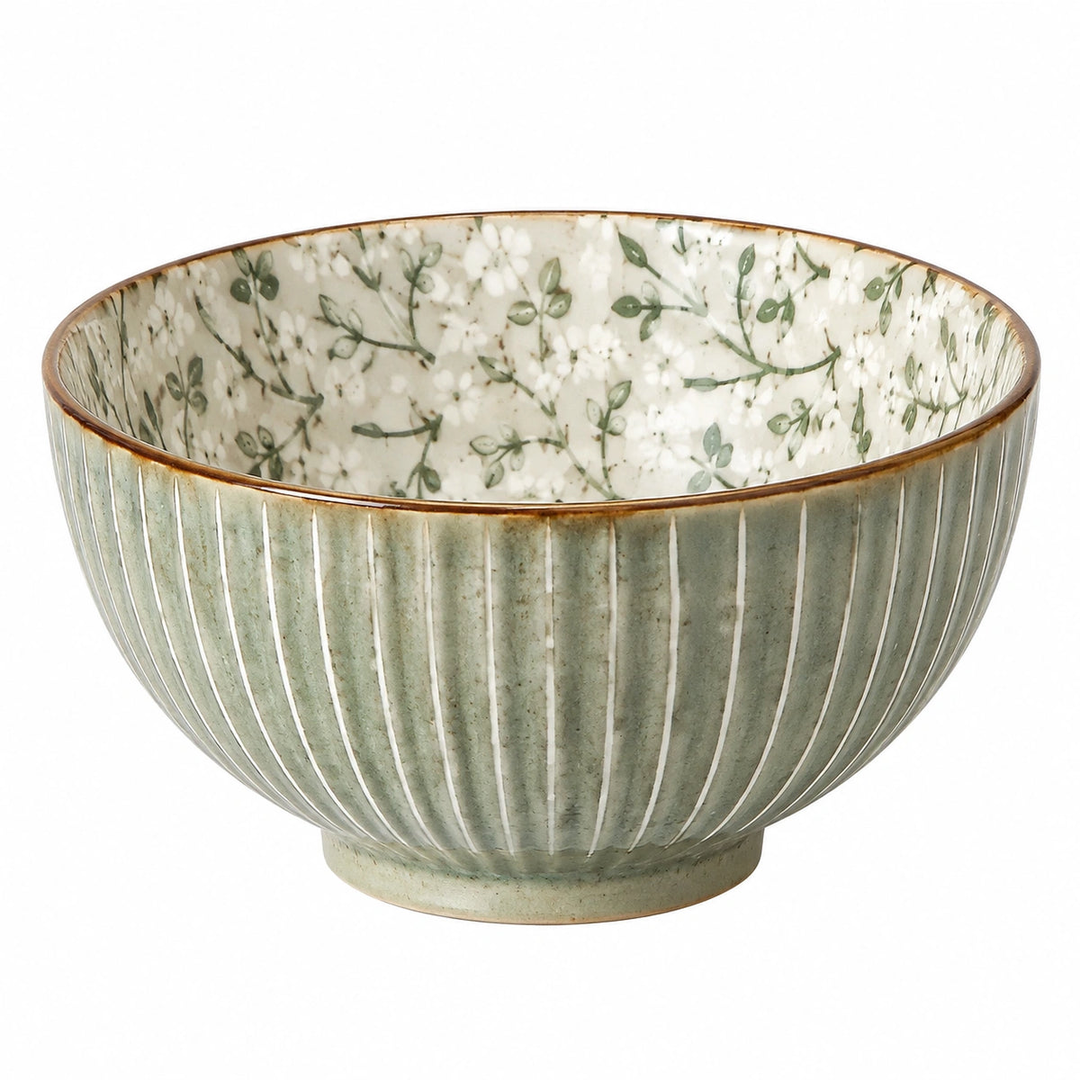Ciotola 16 cm in ceramica verde e crema per alimenti stile floreale