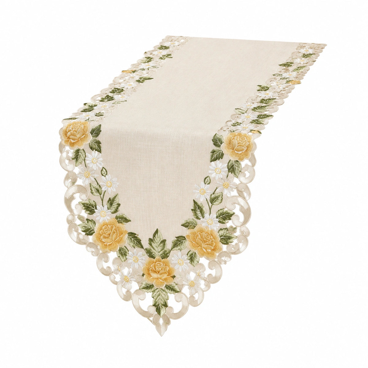 Runner da tavola 40 x 180 cm in tessuto beige con ricamo floreale e bordo traforato