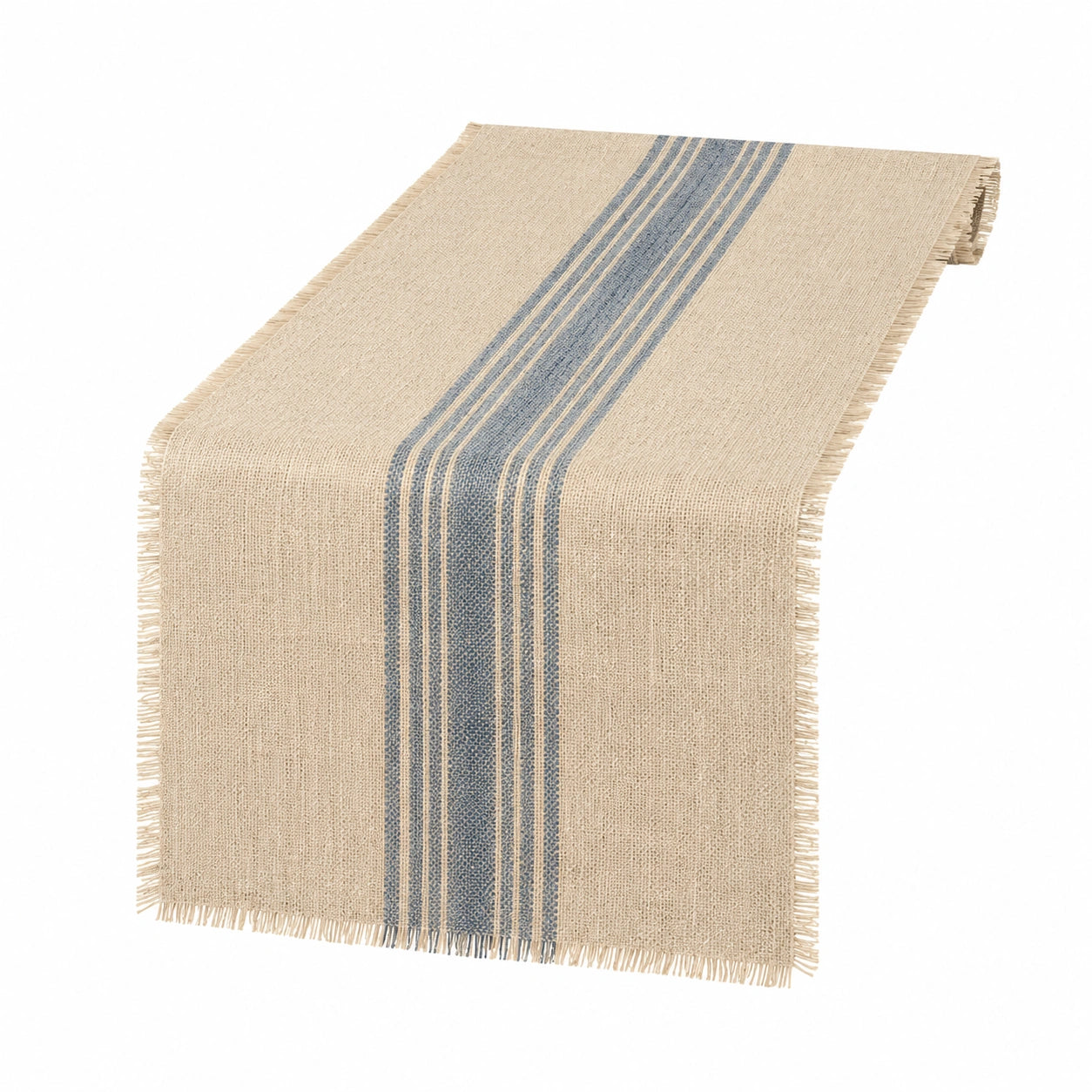 Runner da tavola 40 x 180 cm in tessuto beige e blu a righe con frange