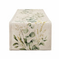 Runner da tavola 180 x 40 cm in tessuto beige e verde con motivo botanico stile naturale