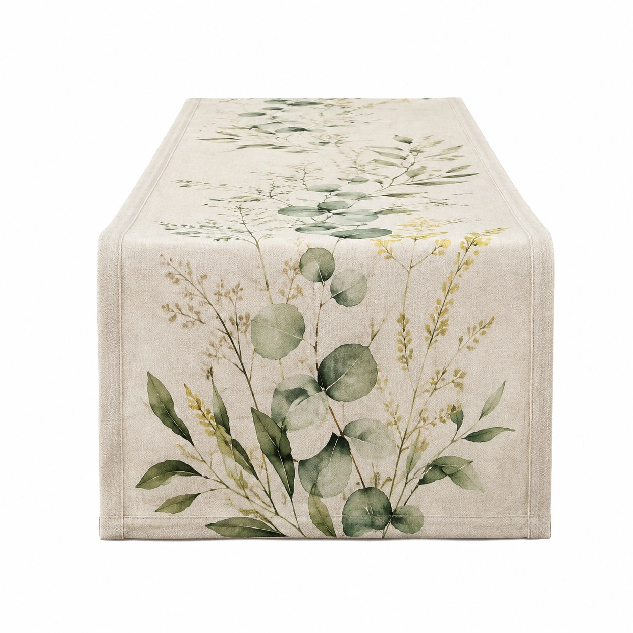 Runner da tavola 180 x 40 cm in tessuto beige e verde con motivo botanico stile naturale