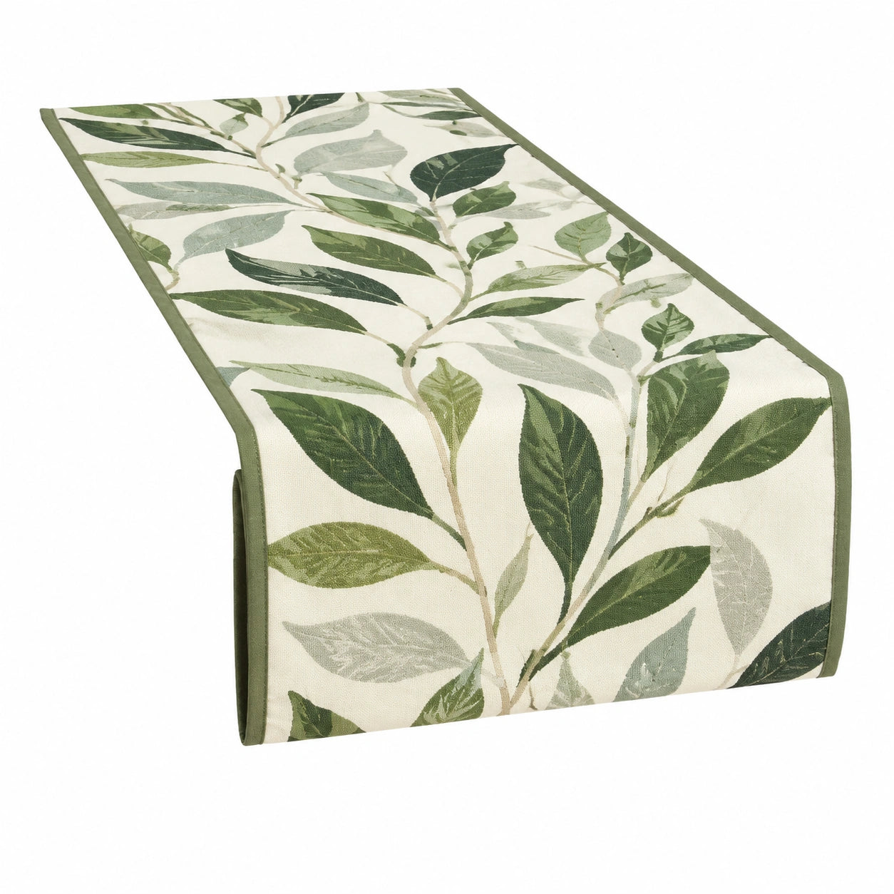 Runner da tavola 40 x 180 cm in tessuto beige e verde con foglie - stile botanico