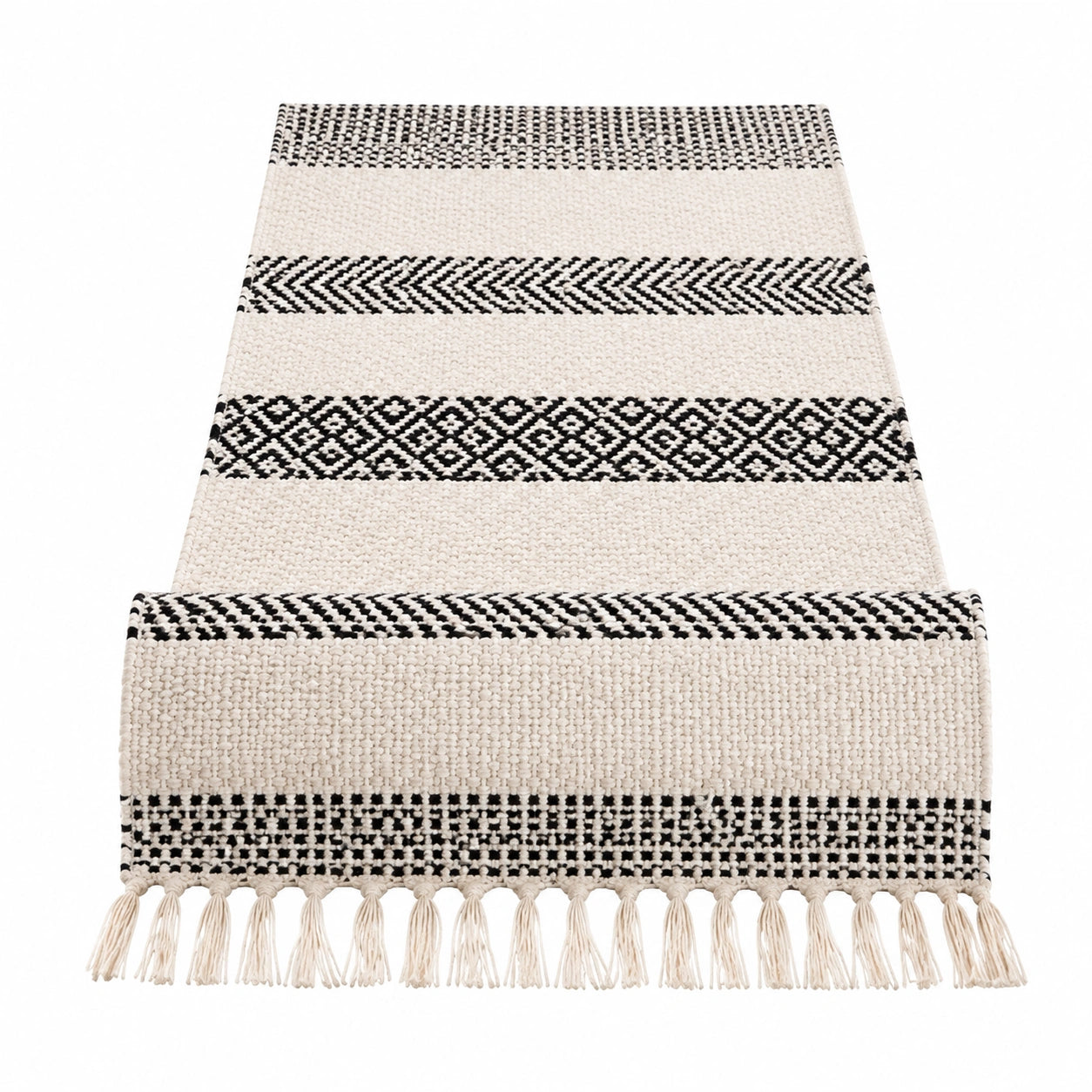 Runner da tavola 180 x 35 cm in tessuto avorio e nero con frange stile geometrico