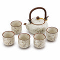 Set da tè in ceramica 1 teiera 5 tazze 18 cm avorio marrone floreale con manico rivestito