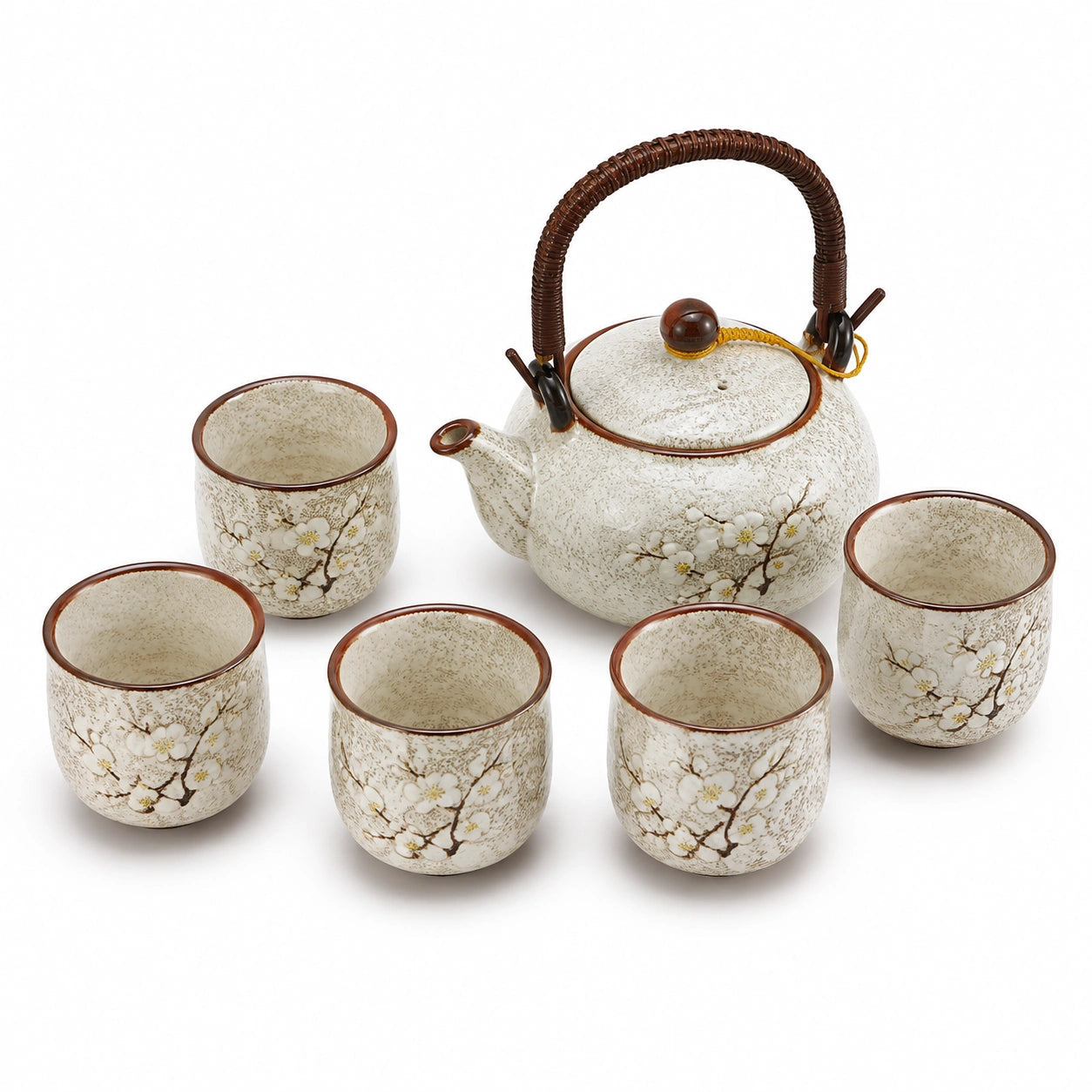 Set da tè in ceramica 1 teiera 5 tazze 18 cm avorio marrone floreale con manico rivestito