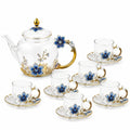 Servizio da tè 6 persone 1200 ml in vetro trasparente blu e oro con decoro floreale