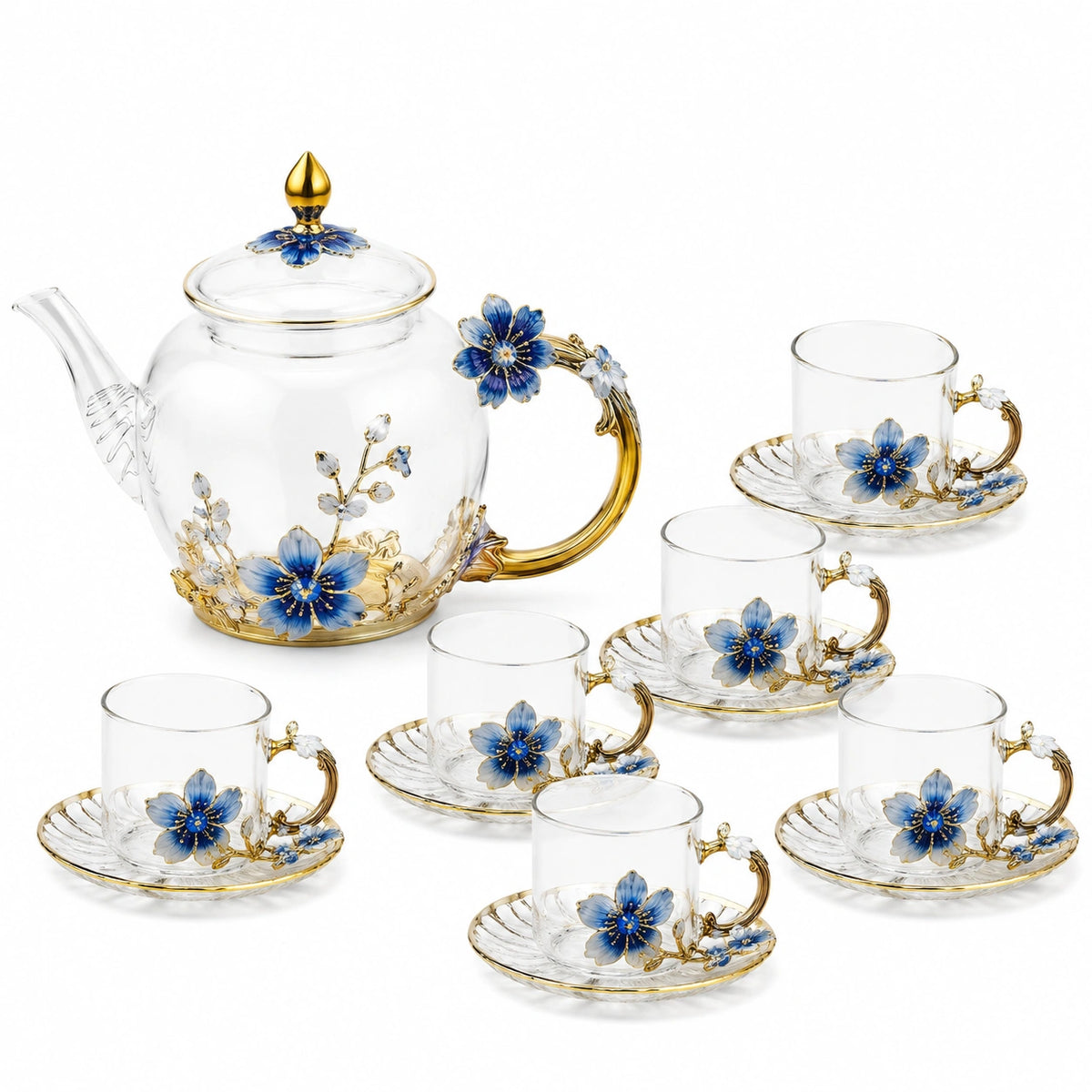 Servizio da tè 6 persone 1200 ml in vetro trasparente blu e oro con decoro floreale