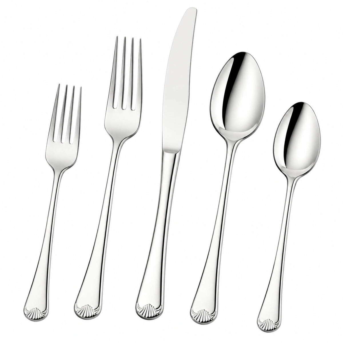 Set posate 5 pezzi in acciaio inox argento con manici decorati per tavola