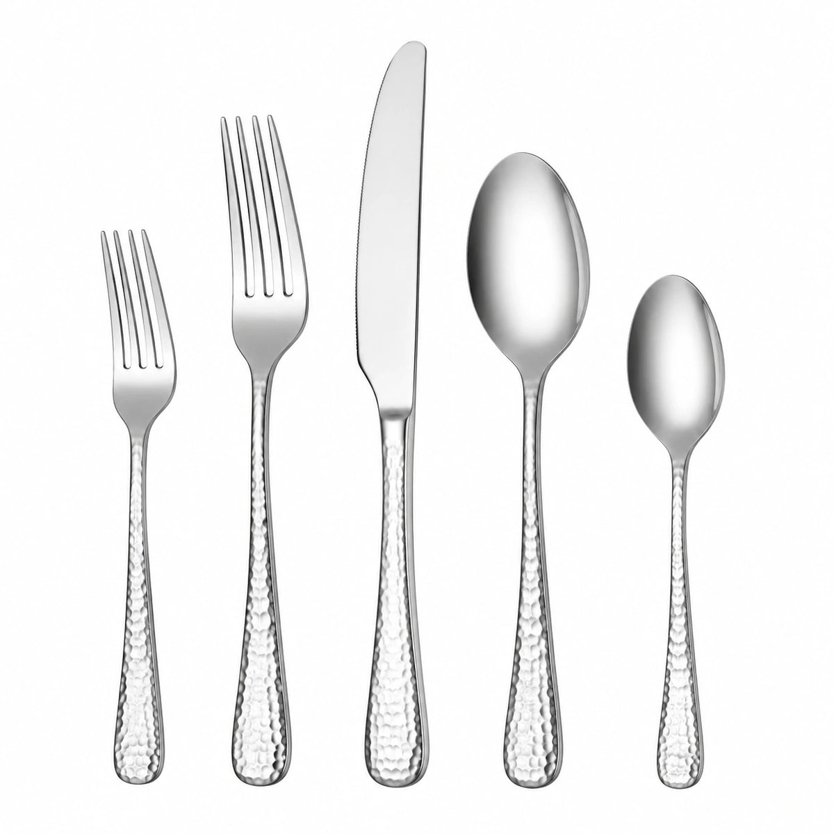 Set posate 5 pezzi in acciaio inox argento con manici martellati