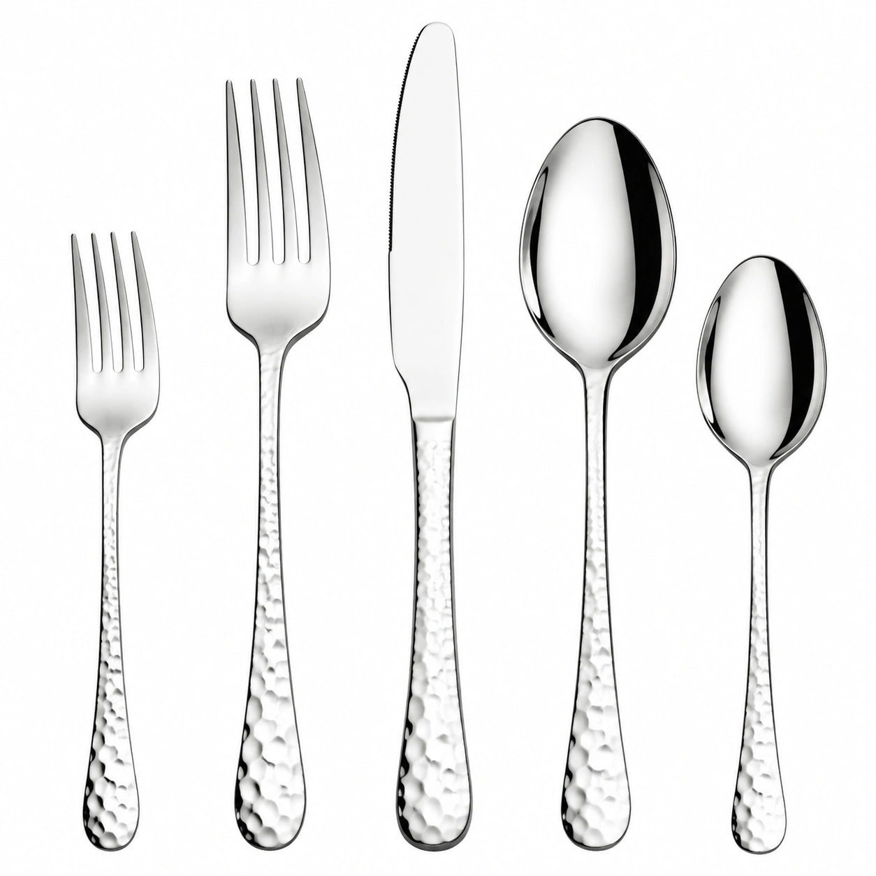 Set posate 5 pezzi da 15 a 23 cm in acciaio inox argento per tavola con manici martellati