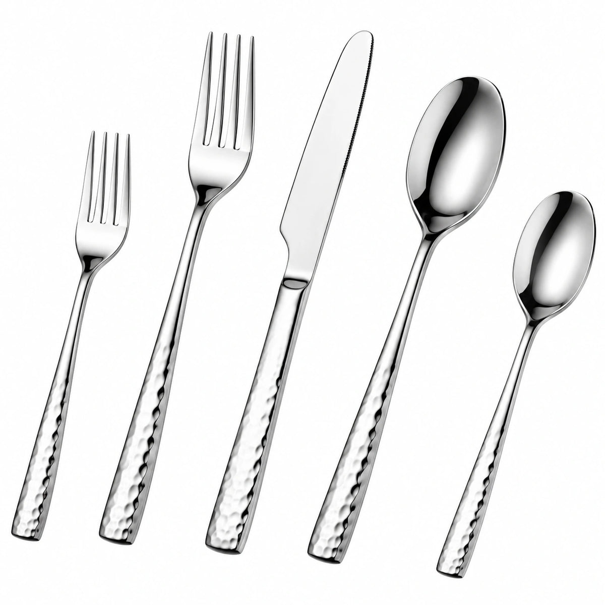 Set posate 5 pezzi in acciaio inox argento con manici martellati per tavola