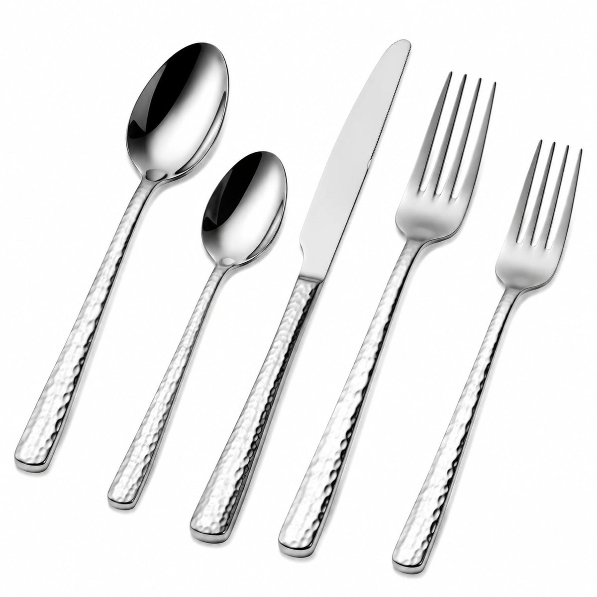Set di posate 5 pezzi in acciaio inox argento con manici martellati