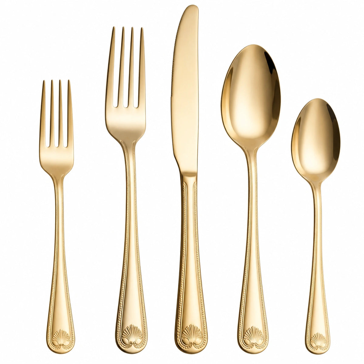 Set posate 5 pezzi 18-23 cm in acciaio inox dorato per tavola stile classico