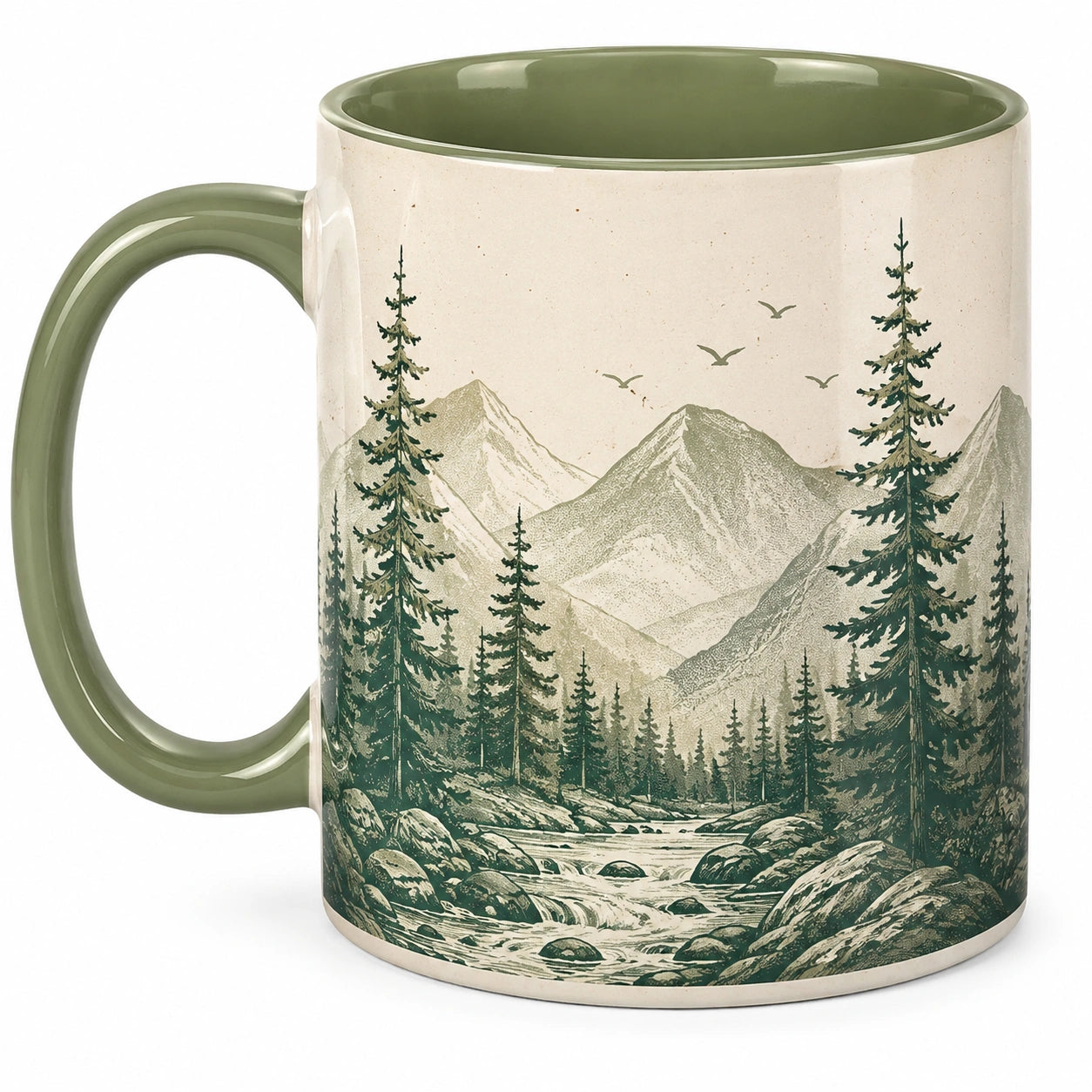 Tazza in ceramica 350 ml crema e verde con paesaggio montano