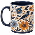 Tazza in ceramica 450 ml blu avorio con decoro floreale e uccello