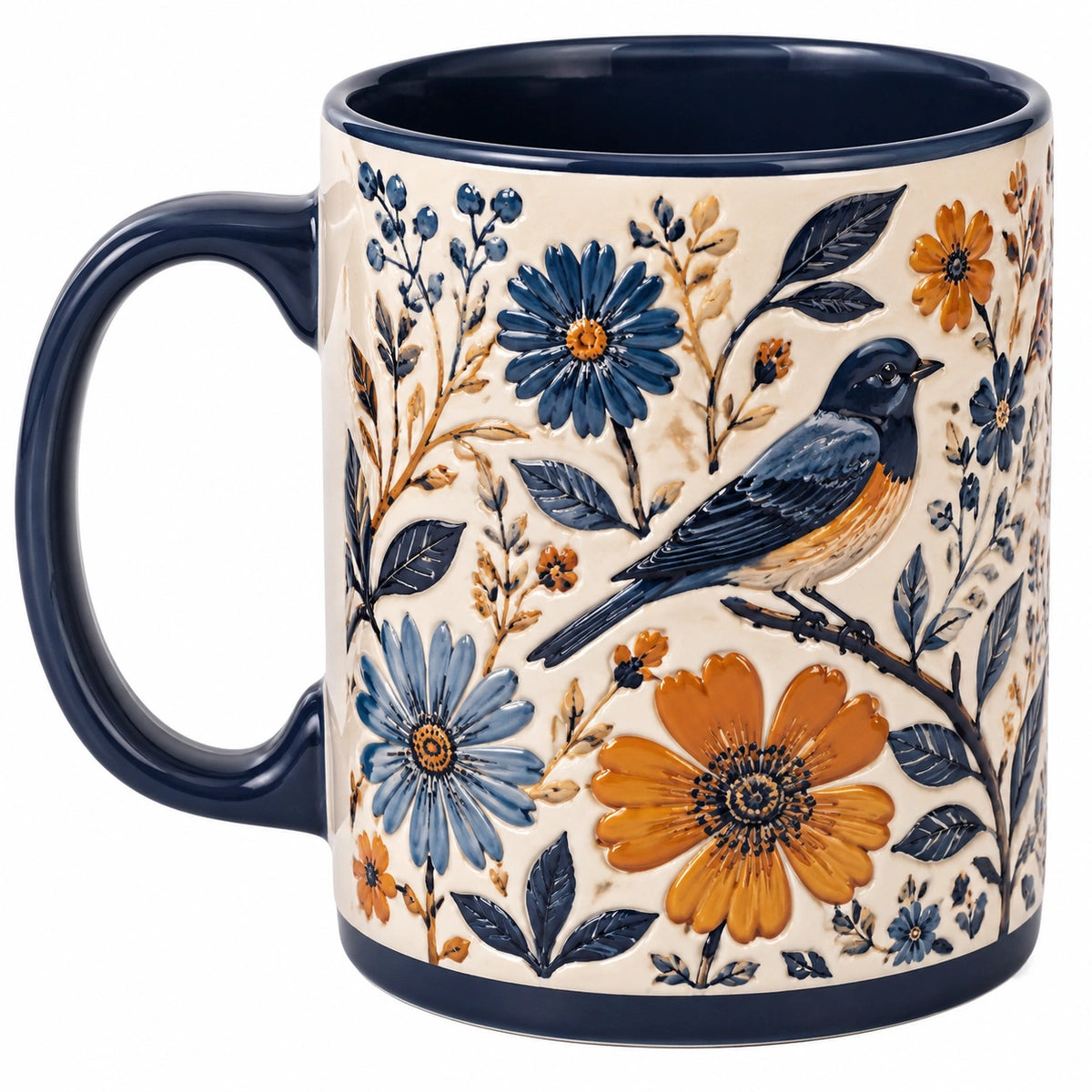 Tazza in ceramica 450 ml blu avorio con decoro floreale e uccello
