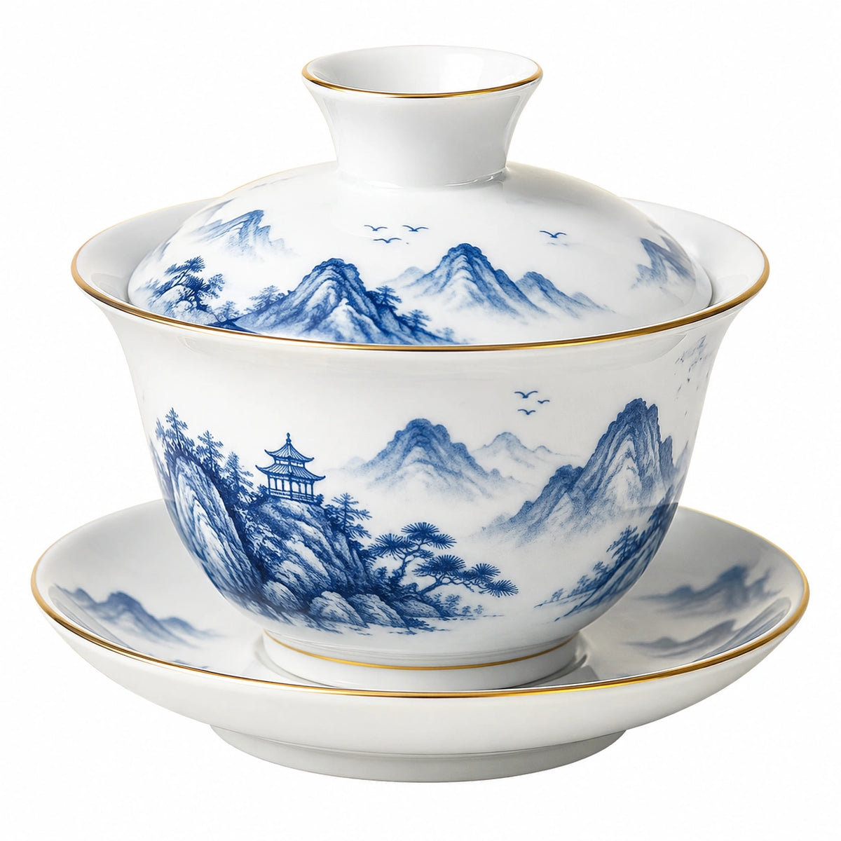 Tazza da tè con coperchio 180 ml 11.5 cm in porcellana bianca e blu - decoro paesaggio montano con piattino