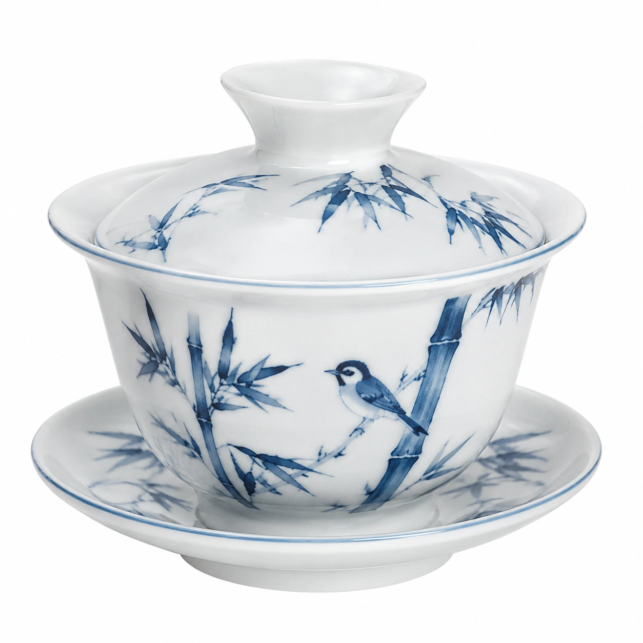 Tazza da tè con coperchio 120 ml in porcellana bianca e blu con piattino