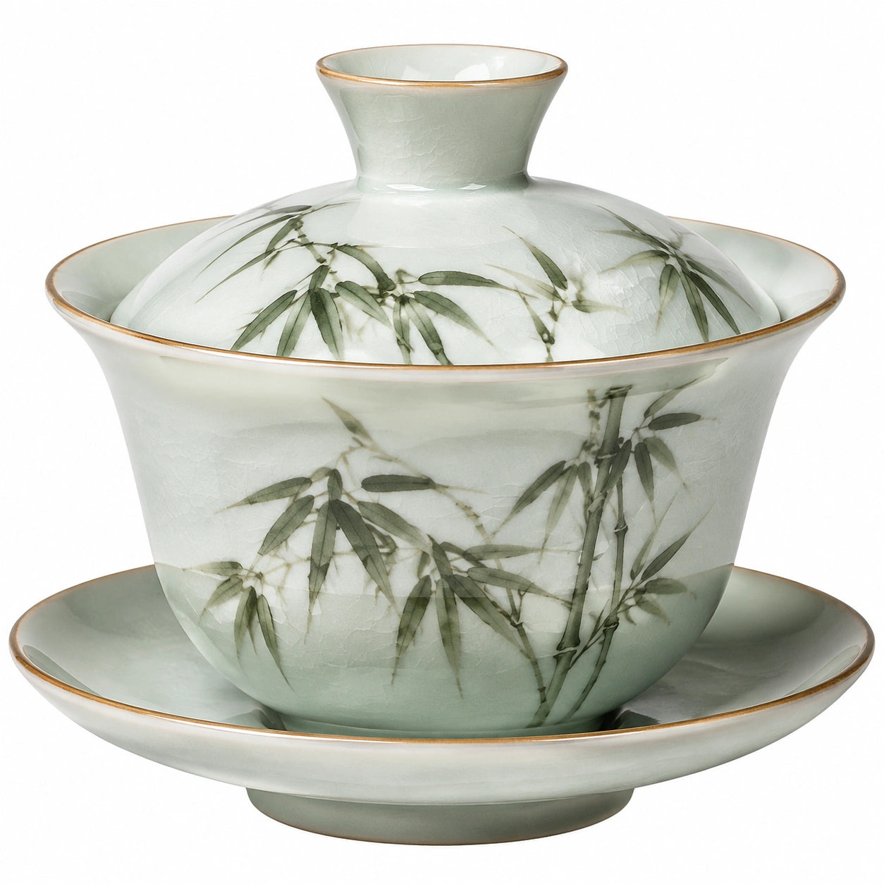 Tazza Gaiwan in porcellana 150 ml verde con decoro bambù - servizio da tè con coperchio