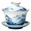 Tazza da tè con coperchio in porcellana bianca e blu 150 ml - set con piattino