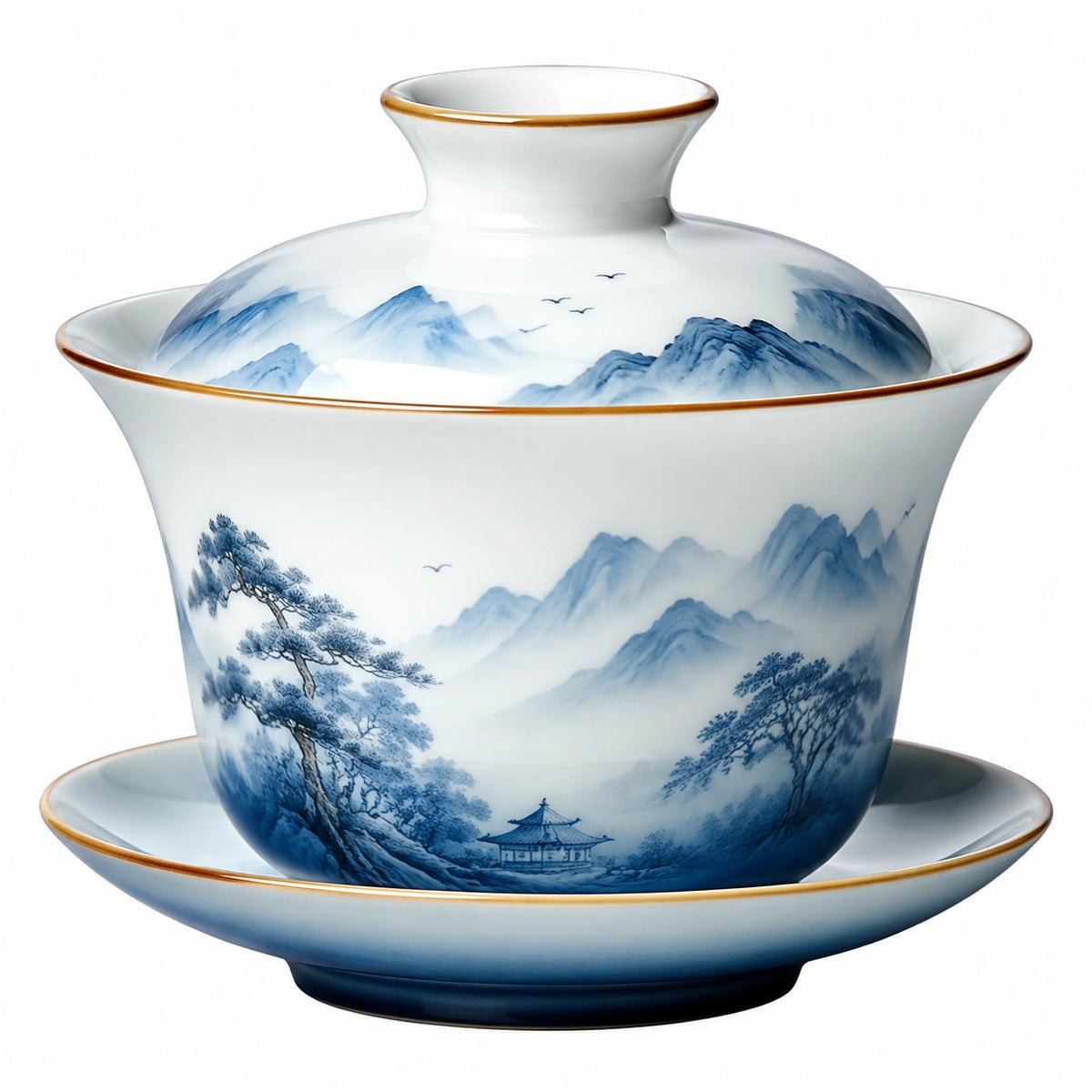 Tazza da tè con coperchio in porcellana bianca e blu 150 ml - set con piattino