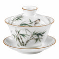 Tazza Gaiwan in porcellana 150 ml bianca con decoro bambù e uccello