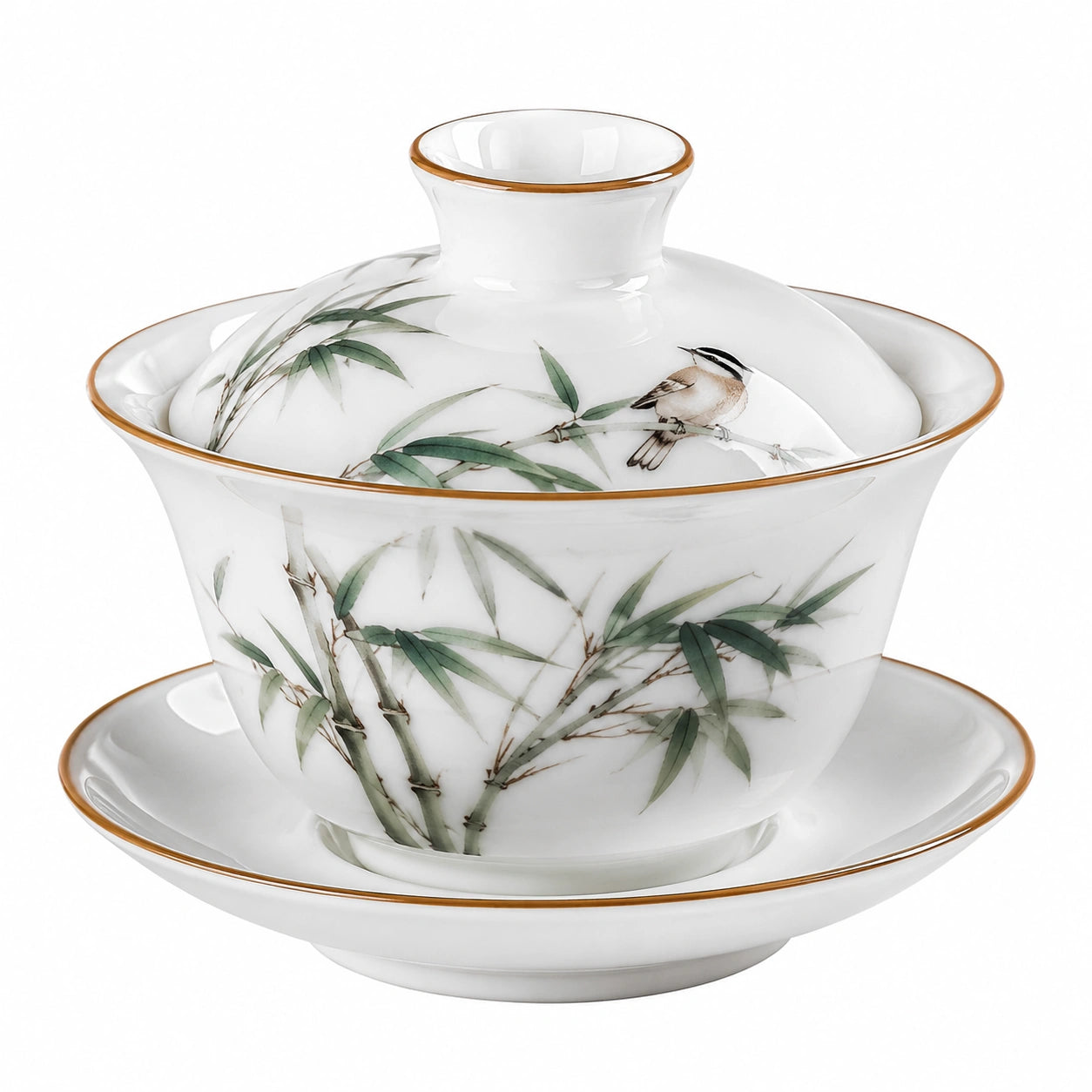 Tazza Gaiwan in porcellana 150 ml bianca con decoro bambù e uccello