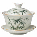 Tazza da tè con coperchio 150 ml in porcellana bianco verde con motivo bambù stile orientale