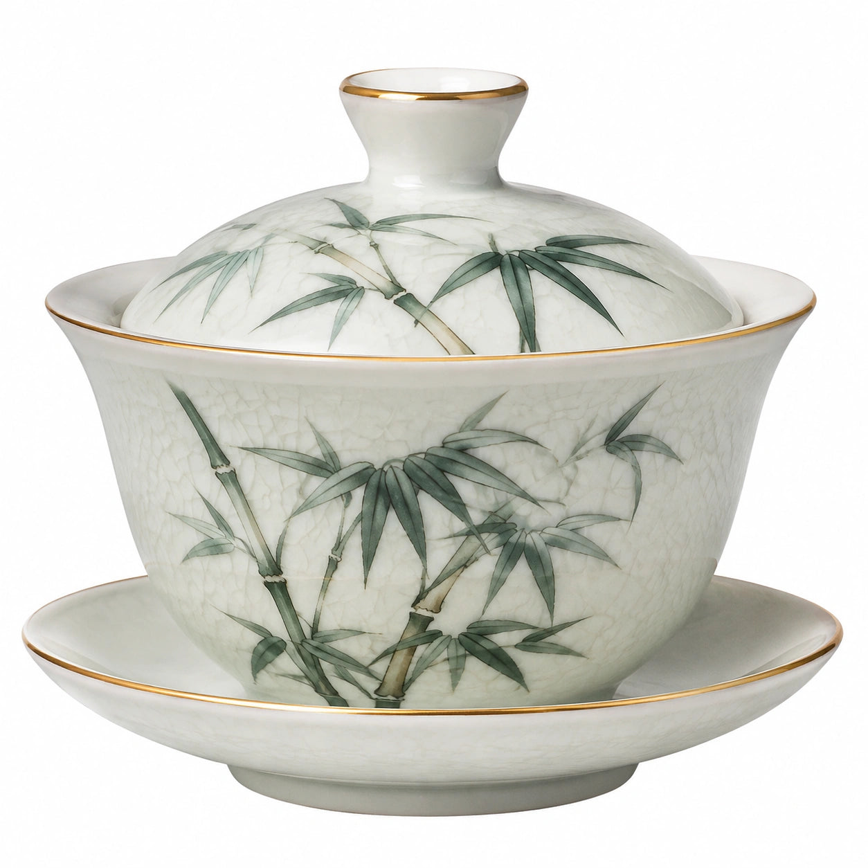 Tazza da tè con coperchio 150 ml in porcellana bianco verde con motivo bambù stile orientale