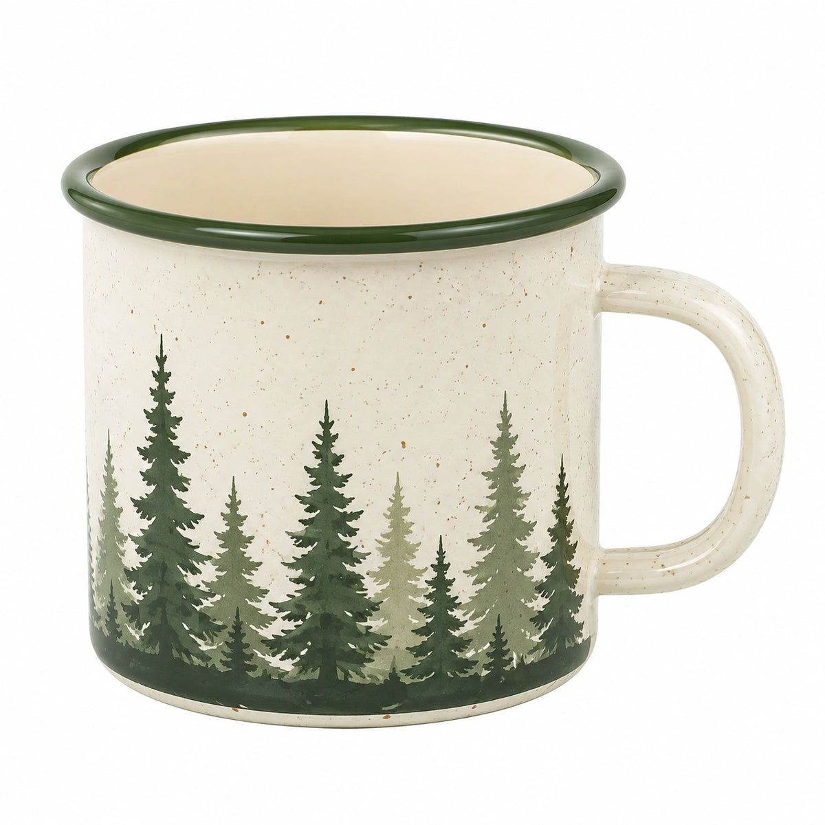 Tazza 350 ml 9 x 9 cm in acciaio smaltato crema e verde con motivo bosco